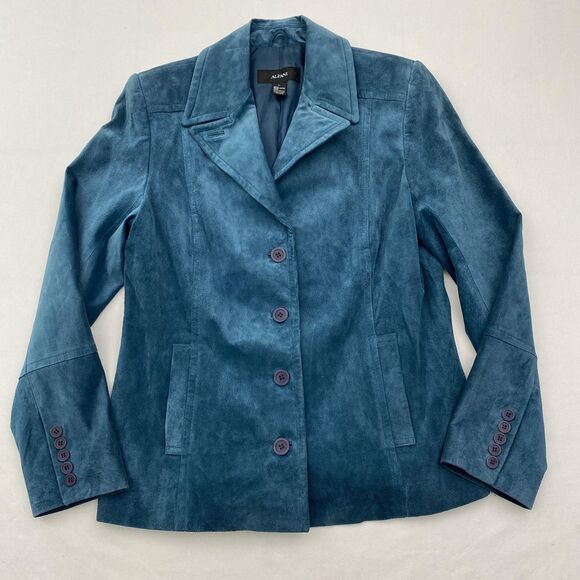 Alfani Leather Jacket Womens Large Blue Suede Lined Buttons Blazer - Picture 3 of 12